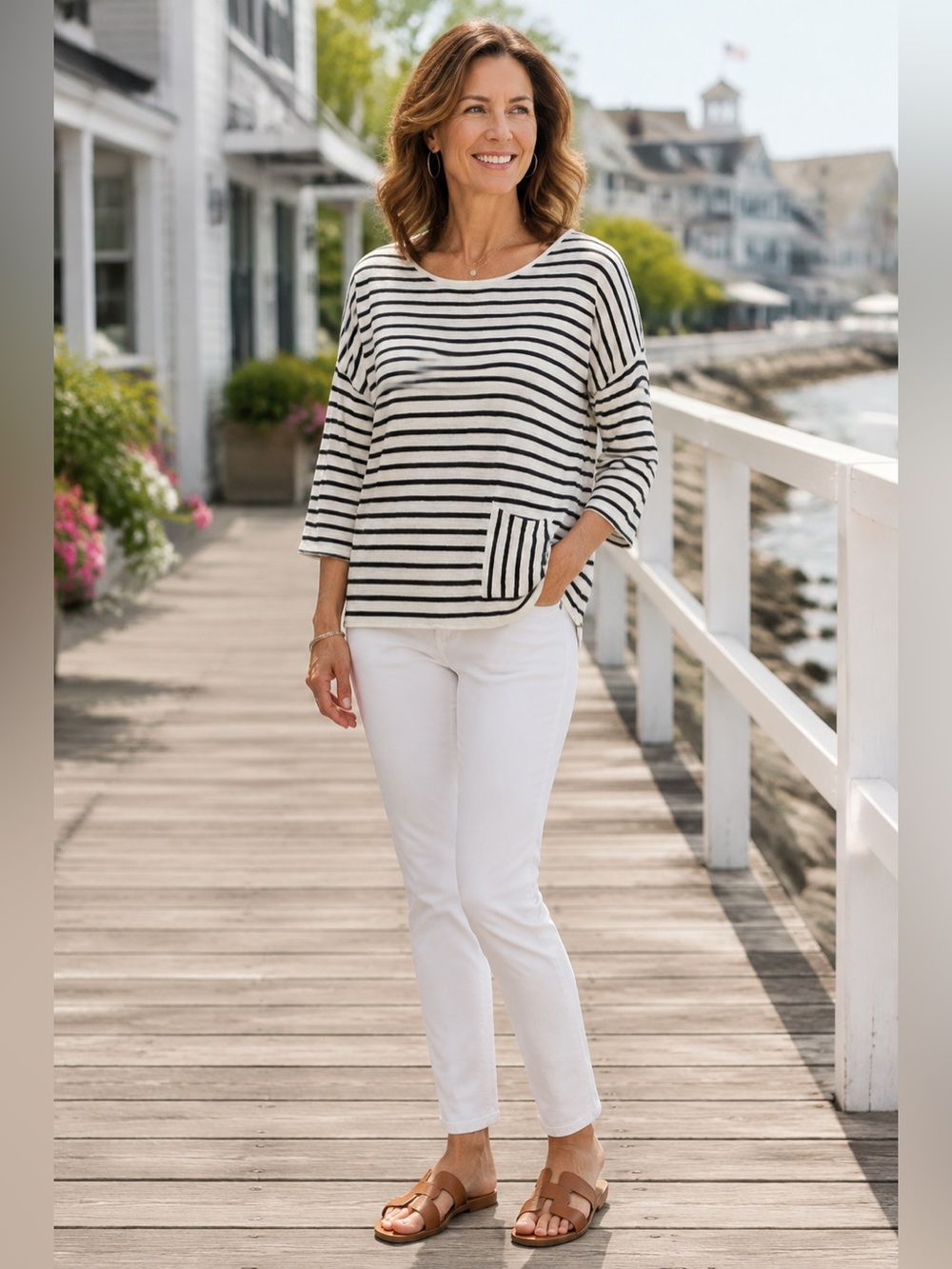 J.Jill Linen Cotton Striped 3/4 Sleeve Pocket Tunic Top Medium